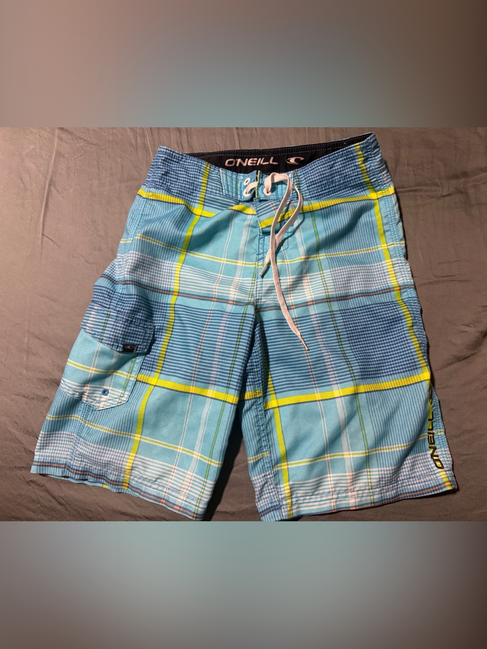 O'Neill Blue Teal Plaid Swim Trunks with Yellow Accents